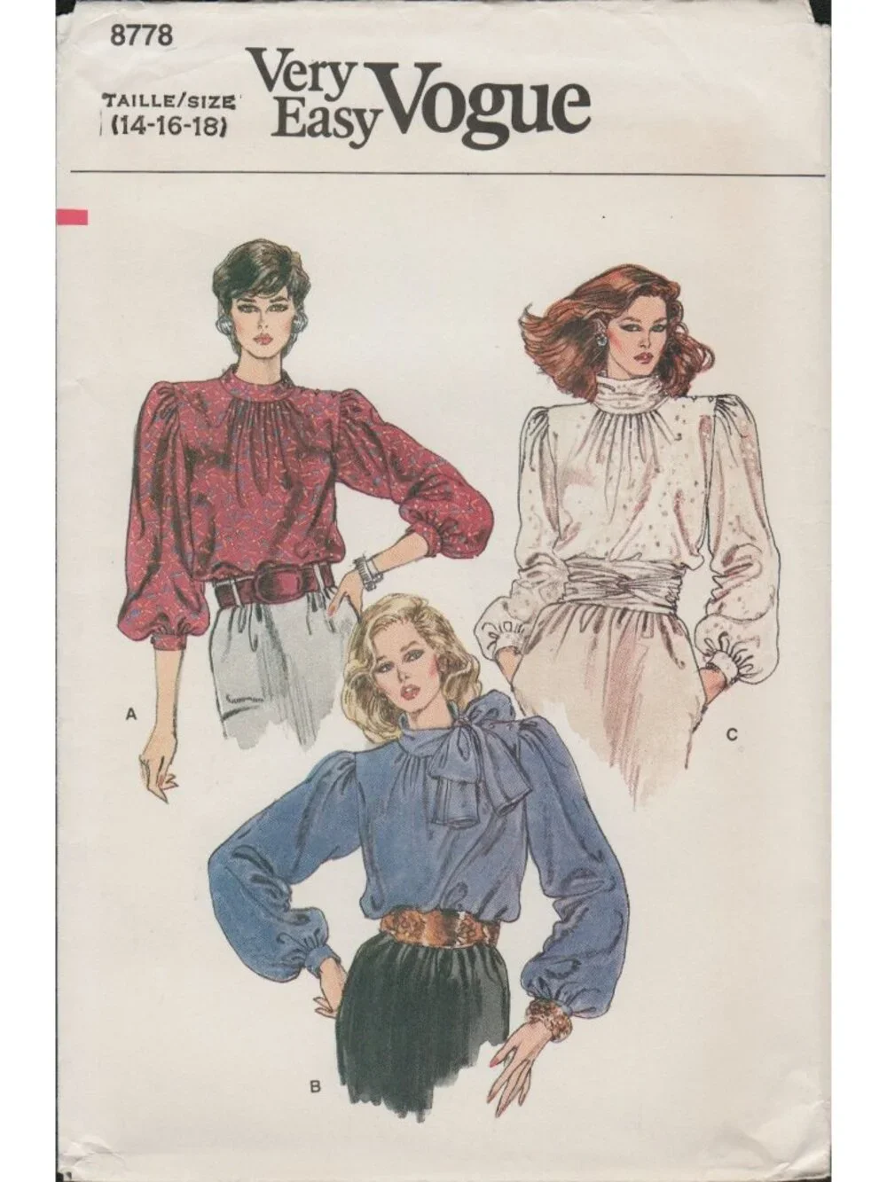 Very Easy Vogue 8778 High Neck Blouse Optional Bow Pattern 1980s Sz 14-18 Uncut